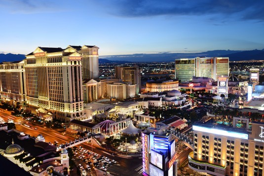 7/31/14 Las Vegas Strip at dusk from Bally's Hotel with Caesars Palce